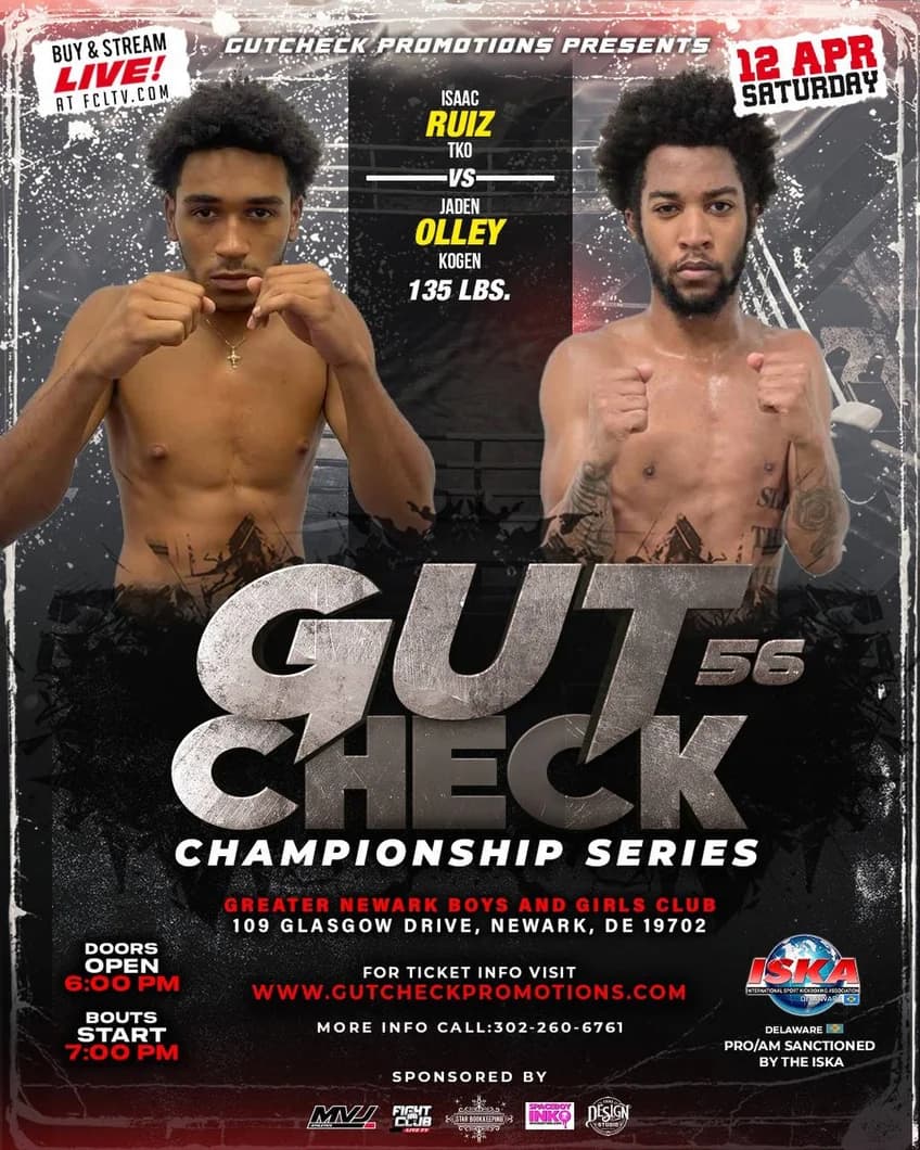 Gut Check Championship Series featuring Isaac Ruiz Vs Jaden Olley April 12th, 2025! 135 lb Muay Thai Fight