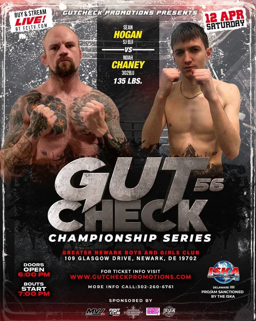 Gut Check Championship Series featuring Sean Hogan Vs Noah Chaney April 12th, 2025! 135 lb Glory Rules Kickboxing Fight