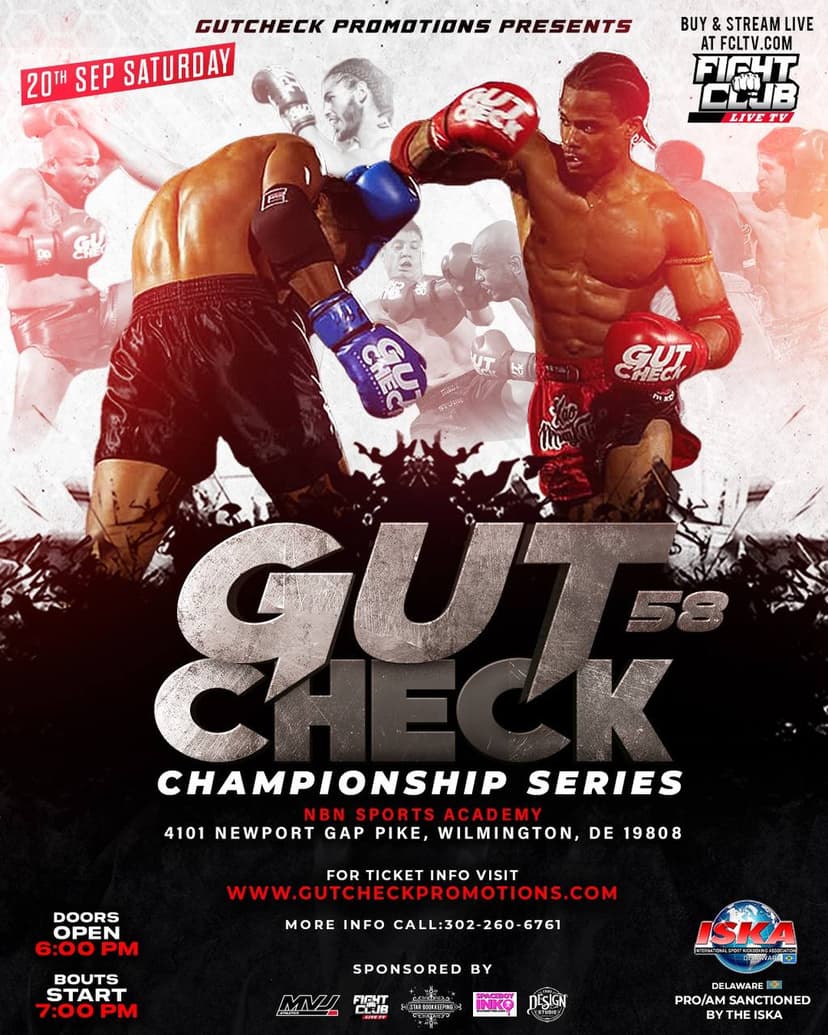 Poster for Gut Check Championship Series 58 - Delaware Muay Thai & Kickboxing | September 20th, 2025