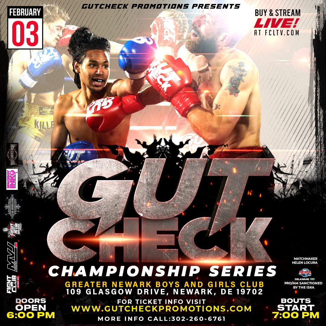 Muay Thai fighter throws a punch at his opponent, striking the face. Text tells viewers of an upcoming event, Gut check championship series, at the greater newark boys and girls club in newark delaware, featuring muay thai and kickboxing